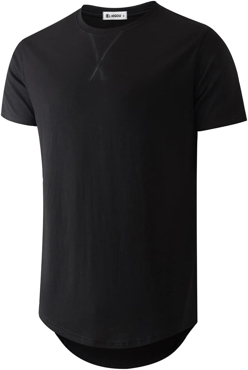 KLIEGOU Mens 100 Cotton Hipster Hip Hop Longline Crewneck T-Shirt Pre - Shrunk S...