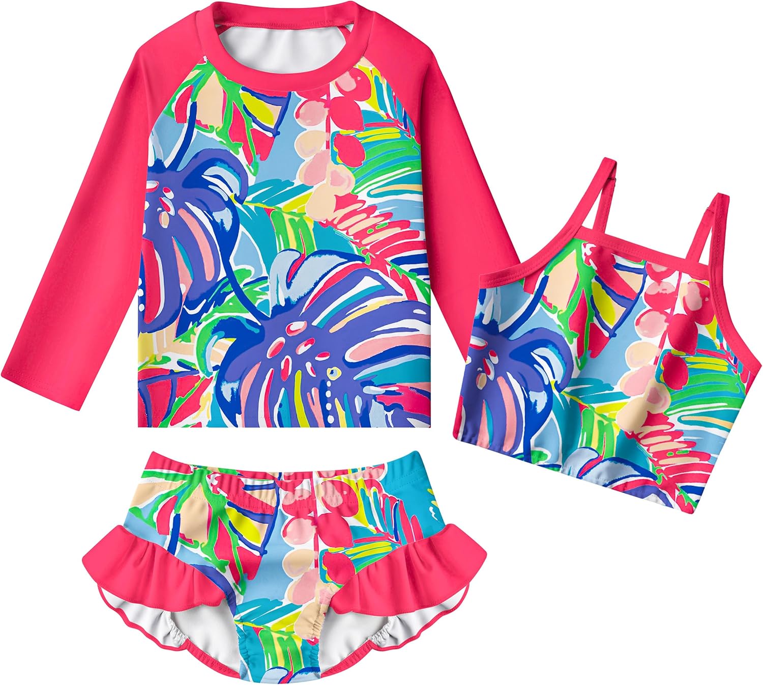 LQSZ Girls Rash Guard Sets Long Sleeves Swimsuit 3 Pieces Tankini Bathing Suit S...