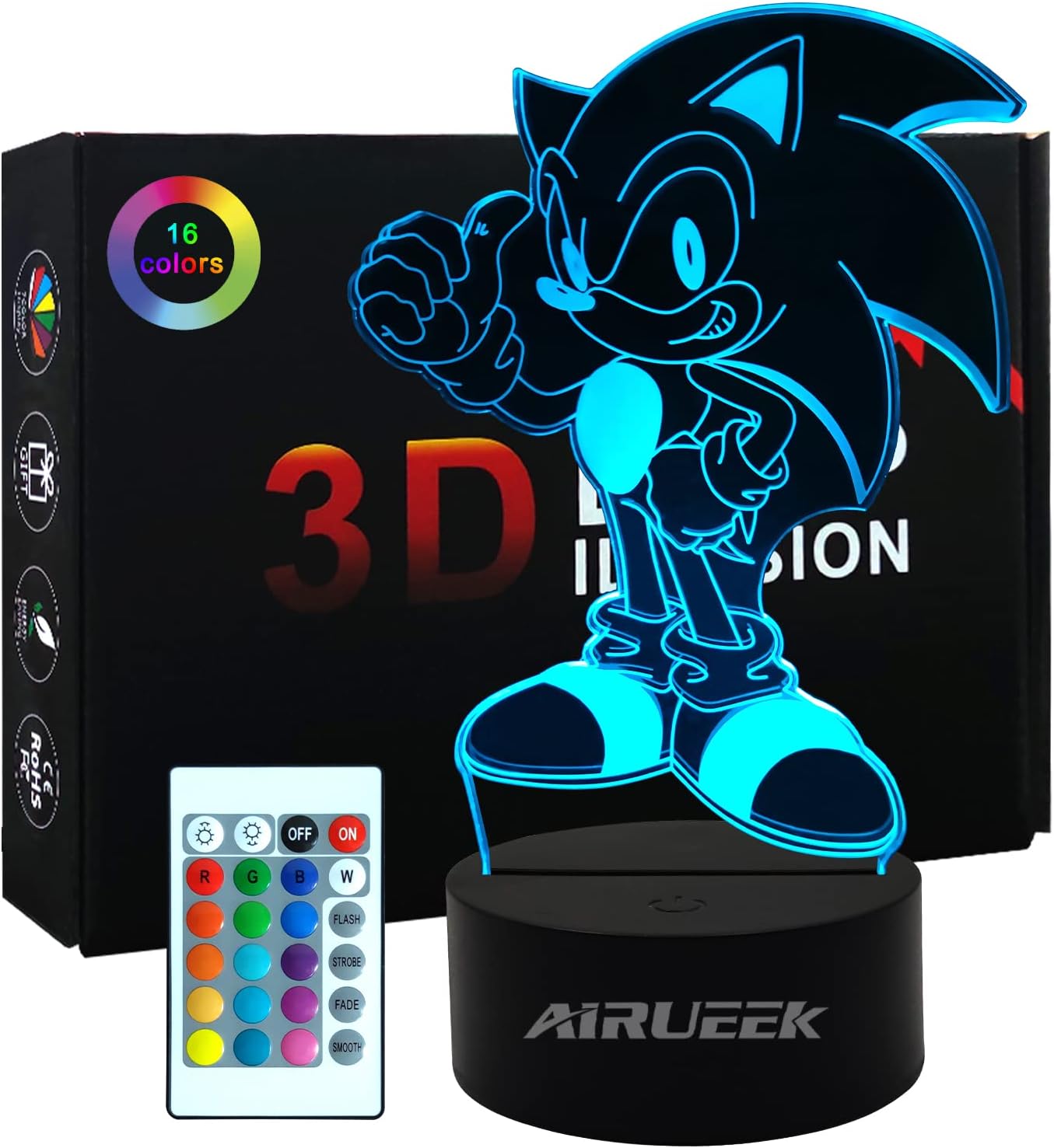 AIRUEEK Sonic Hedgehog Night Light,3D Illusion Sonic Lamps,Adjustable 16 Colors...