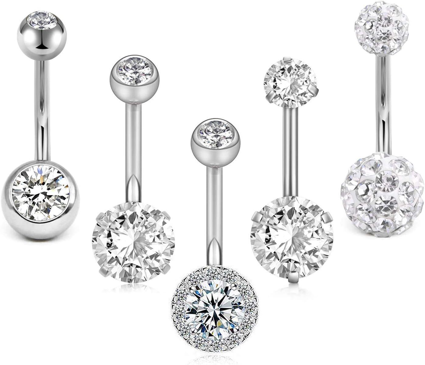 Crdifu Pack of 5 Stainless Steel Belly Button Ring Set 14 Gauge 10mm Barbell Nav...