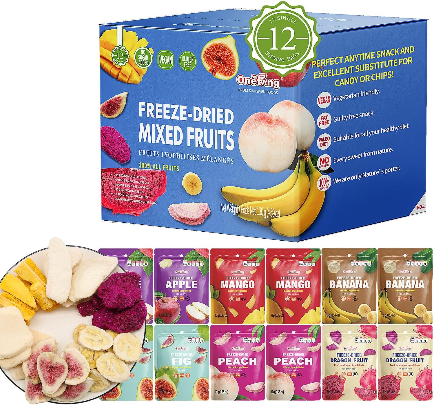 ONETANG Freeze-Dried Mixed Fruit, 12 Pack Single-Serve Pack, Non GMO, Kosher, No...
