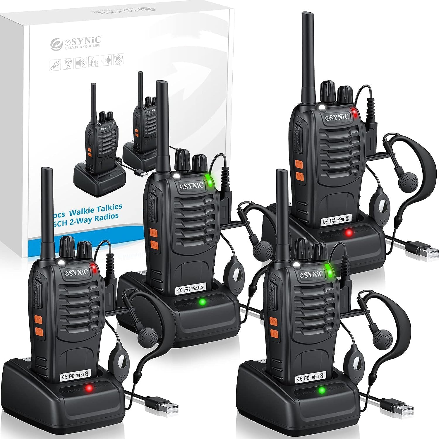 eSynic 4Pack Professional Walkie Talkies for Adults 5KM/3Miles Long Rang Walkie...