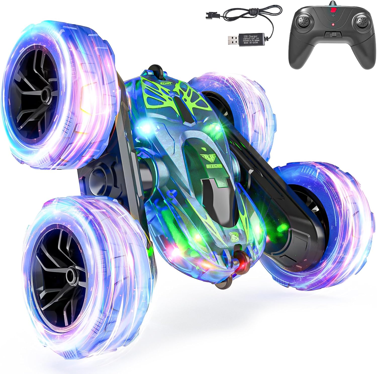 BEZGAR Remote Control Car - Double Side 360 Flips RC Stunt Cars with 10 Lights,...