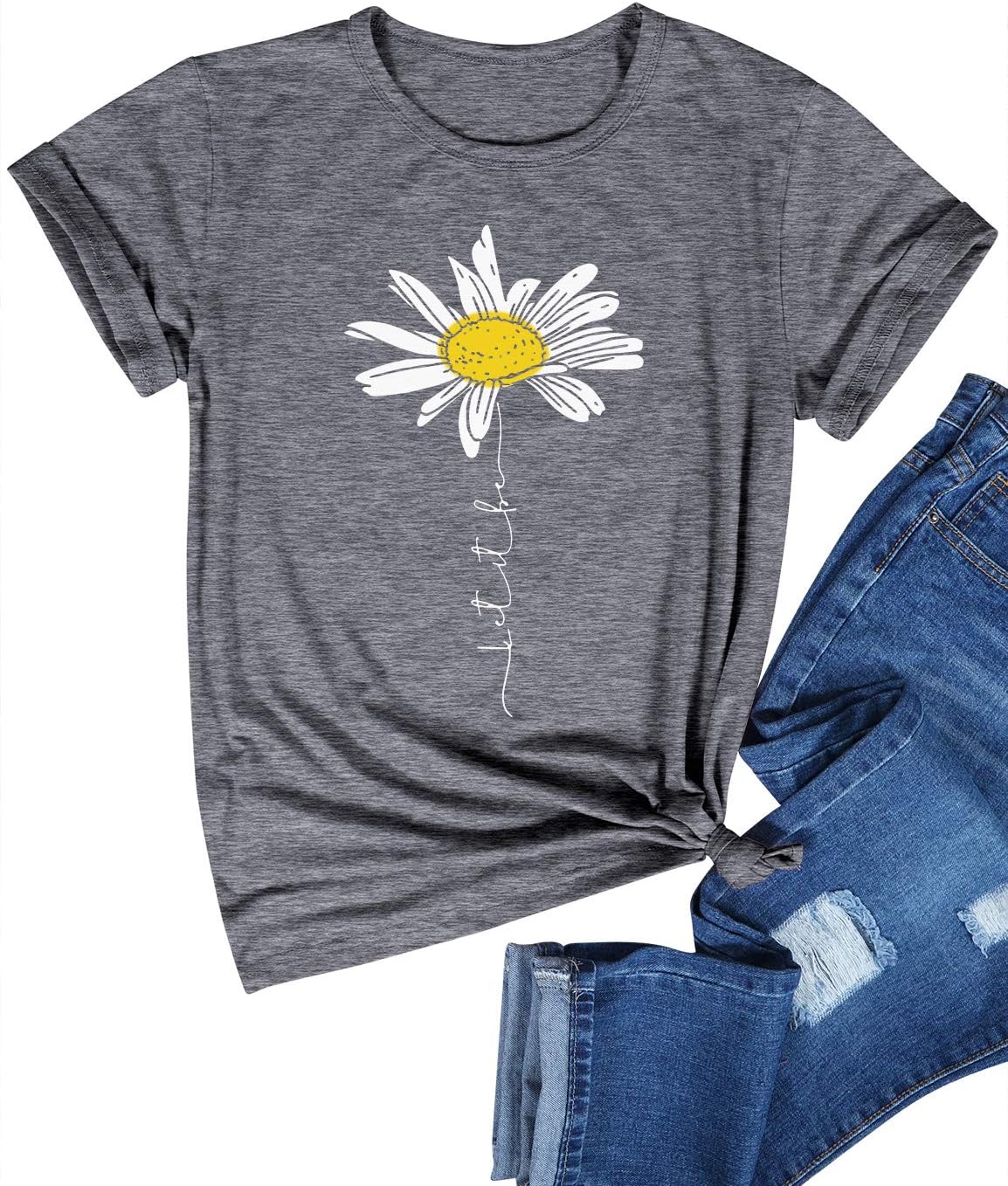 Dresswel Women Let It Be T Shirt Daisy Flower Graphic Print T-Shirt Crew Neck Sh...