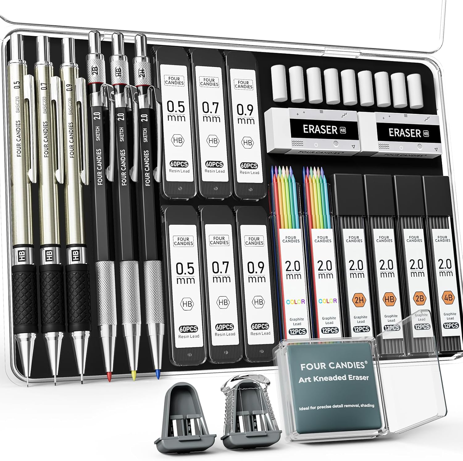 Four Candies 25PCS Art Mechanical Pencil Set with Case, 3PCS Metal Artist Lead P...