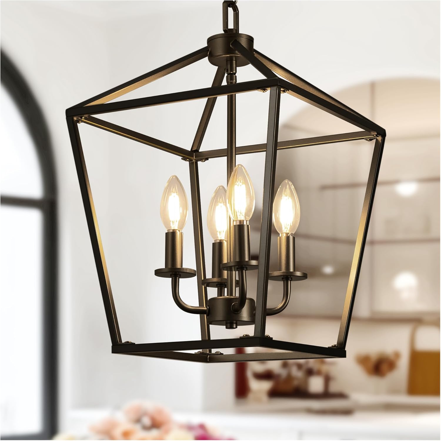 L LOHAS LED Black Farmhouse Chandelier, Industrial 4-Light Lantern Chandelier fo...