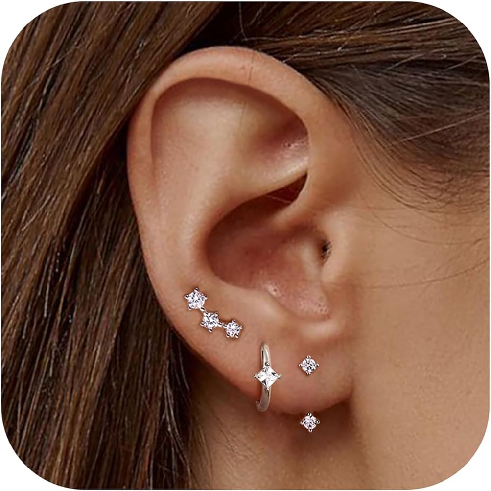 JeweBella 3 Pairs Sterling Silver Stud Hoop Earrings Set for Women 14K Gold Plat...