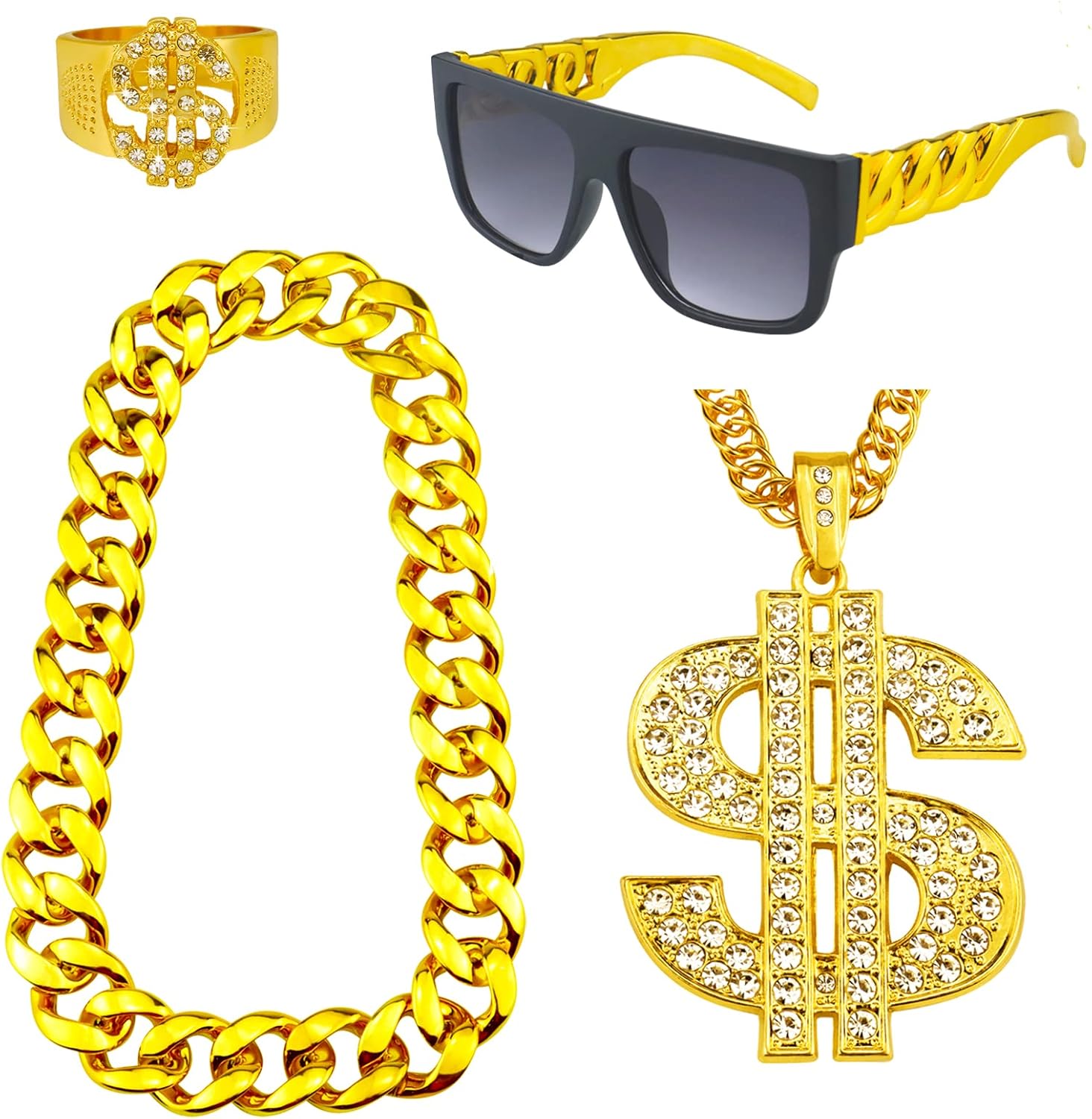4 Pack 80s 90s Hip Hop Costumes Outfit, Fake Gold Chain Money Chain, Twist Leg P...