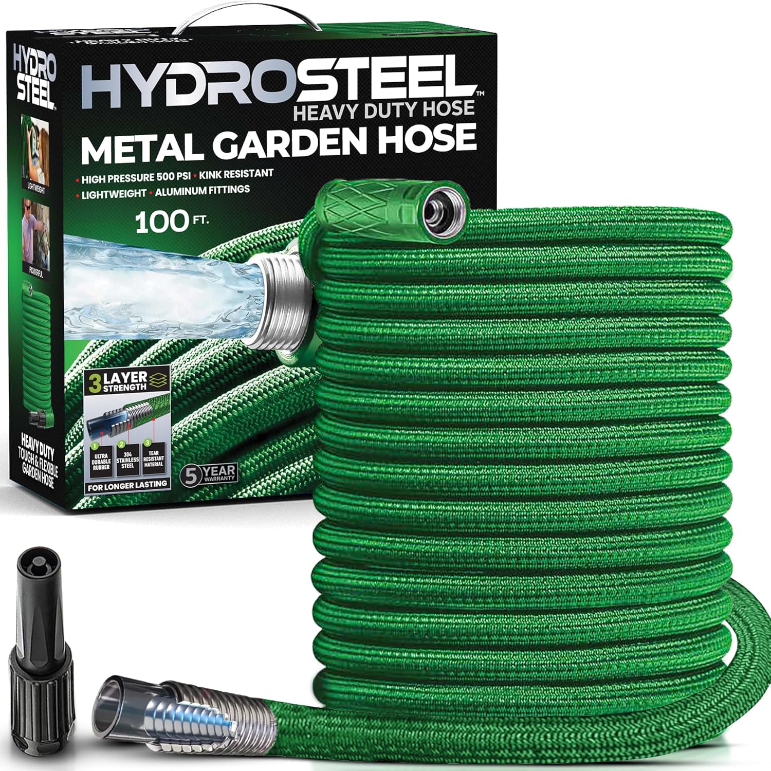 HYDROSTEEL Metal Garden Hose 100 Ft with Nozzle, Water Hose 100Ft, Heavy Duty 3x...