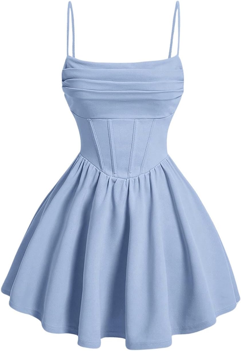 SHENHE Women's Ruched Corset Dress Spaghetti Strap Fit and Flare Flowy Skater Mi...