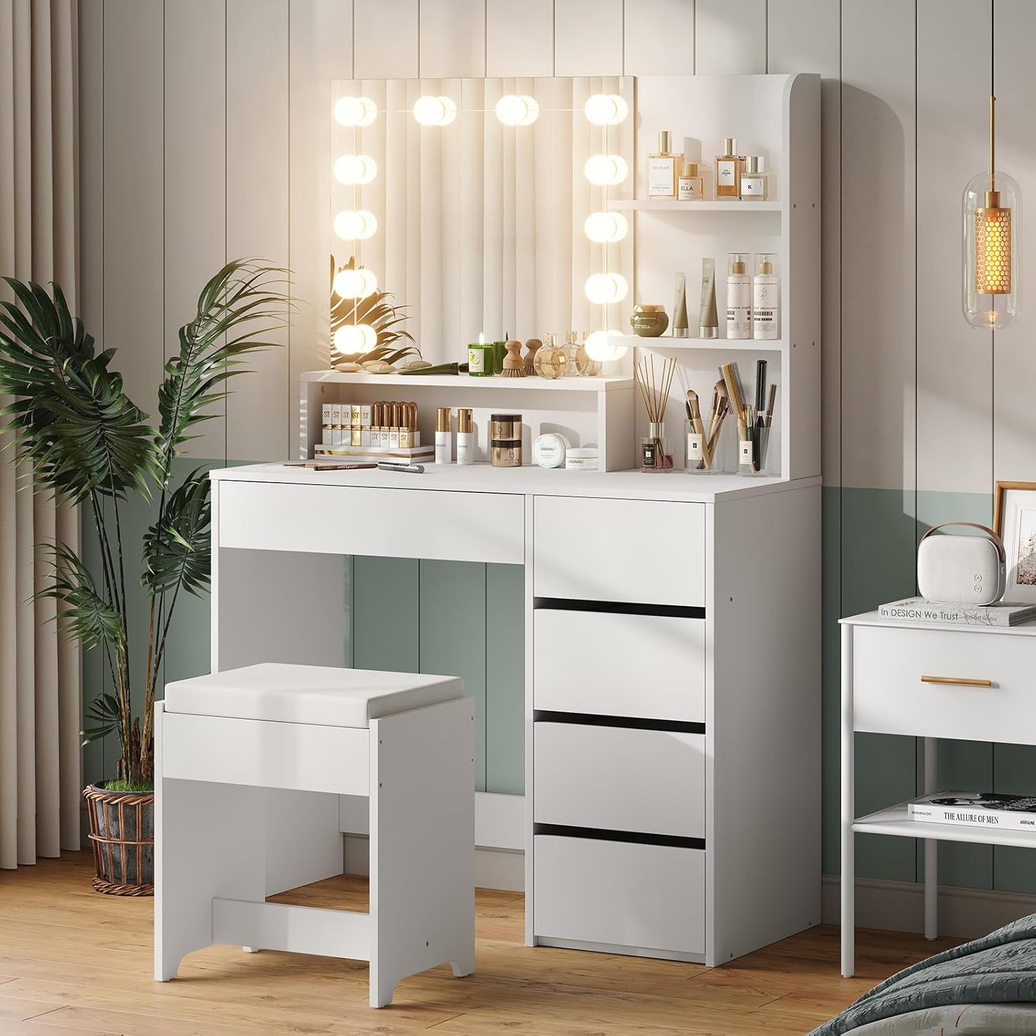 Furniouse 37" W Vanity Desk, Vanity Mirror with Lights and Table Set with 5 Draw...