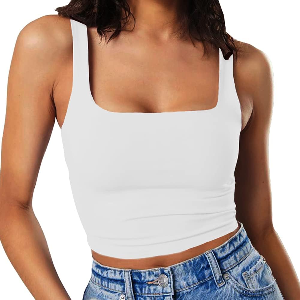 Artfish Women's Sleeveless Strappy Tank Square Neck Double Layer Workout Fitness...