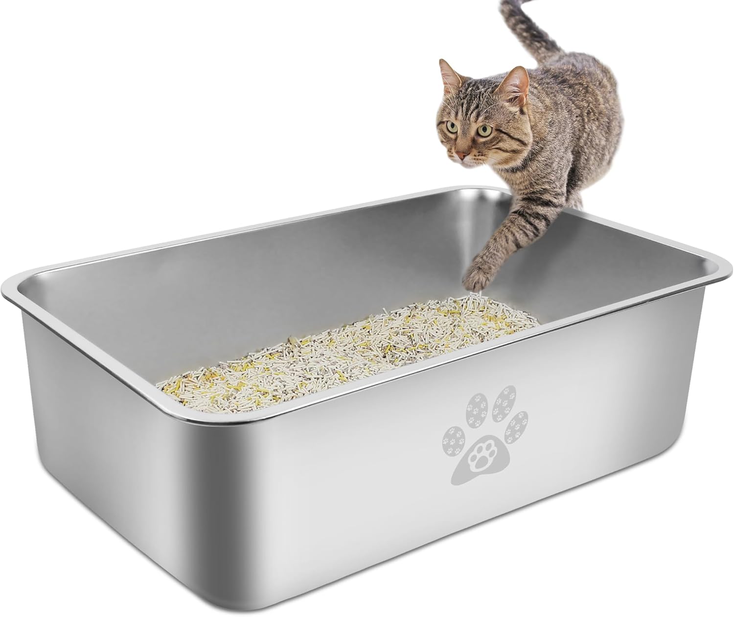 Stainless Steel Cat Litter Box High Side Cats Toilet Metal Kitten Litter Pan, Pe...