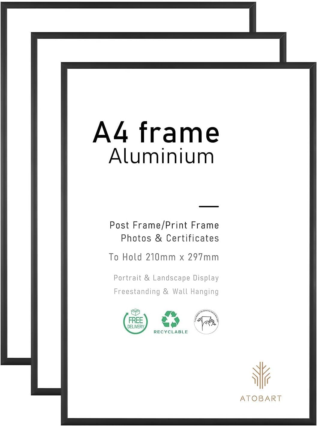 A4 Photo Frame, 3 Pack-21x30cm Black Aluminium Picture Frame,Certificate Frame f...