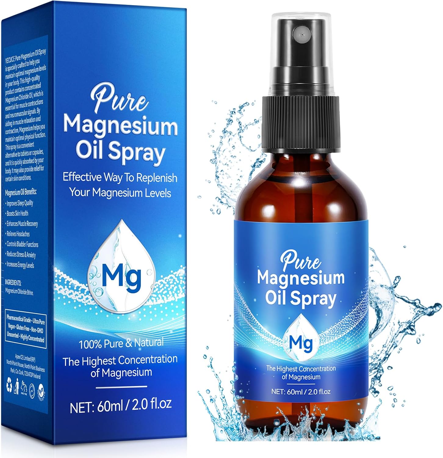 Pure Magnesium Oil Spray, 100% Natural Topical Magnesium Spray for Feet, Magnesi...
