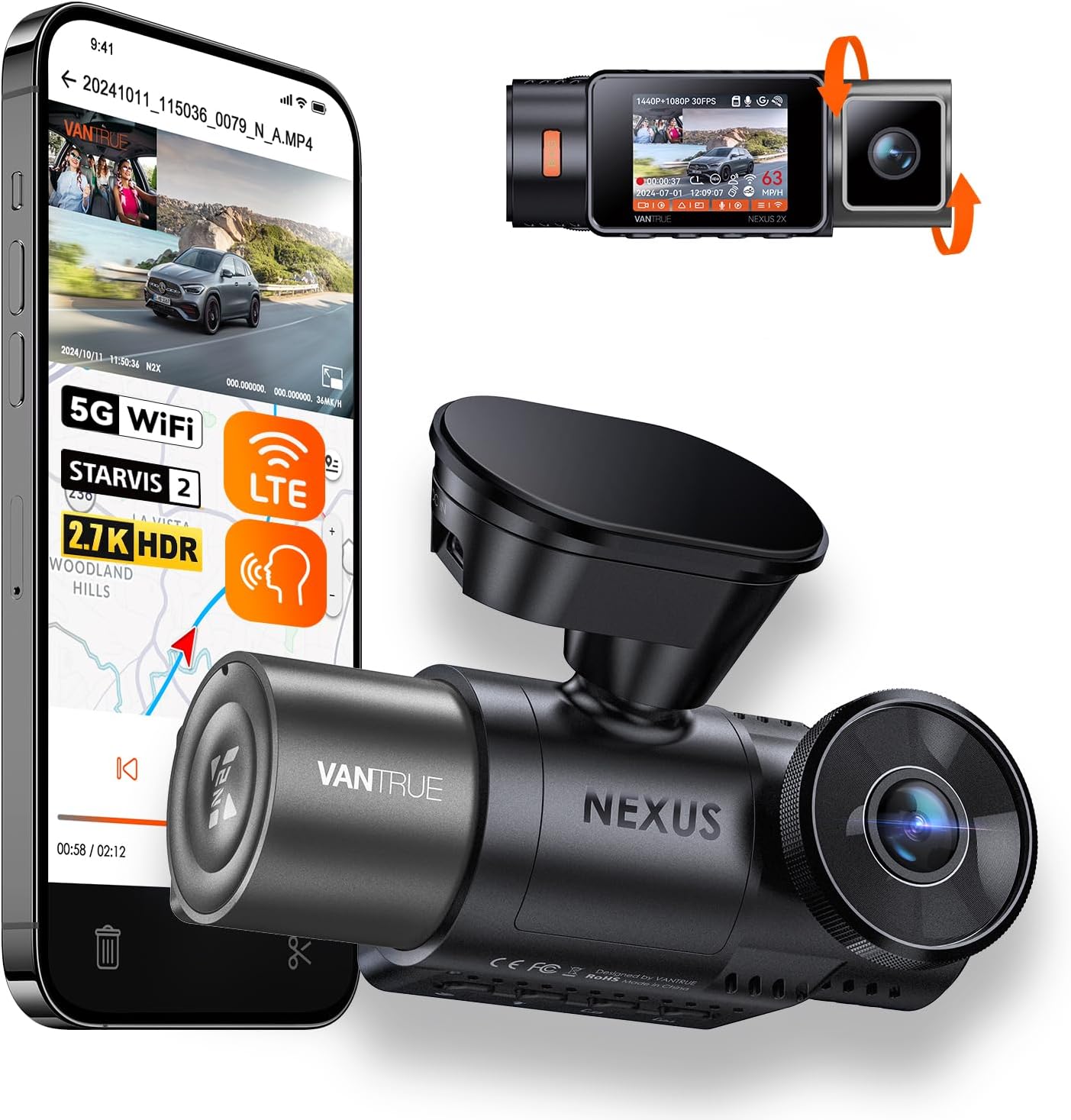 Vantrue N2X 2.7K Uber Dash Cam Front and Inside, 5G WiFi Dual Dash Camera for Ca...