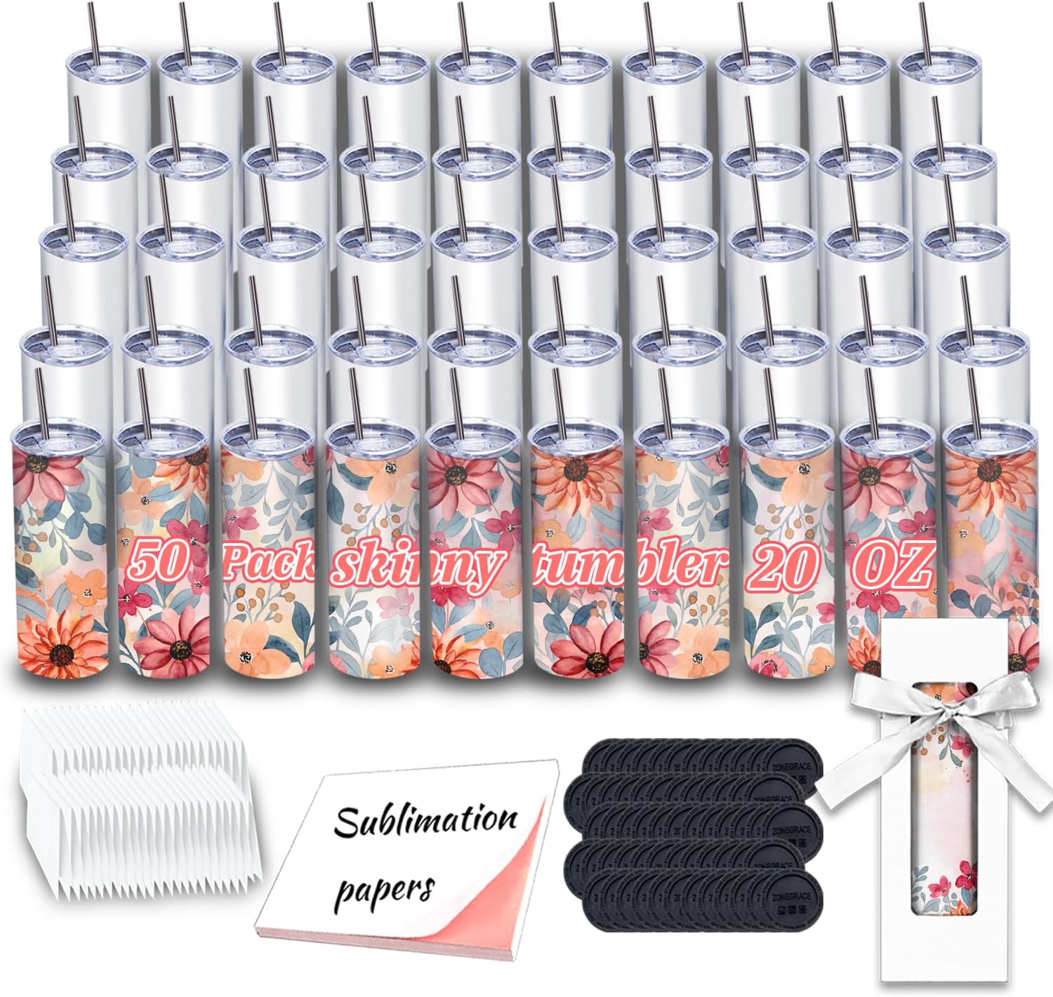 50 Pack Sublimation Tumblers 20 oz Skinny bulk,Stainless Steel Double Wall Insul...