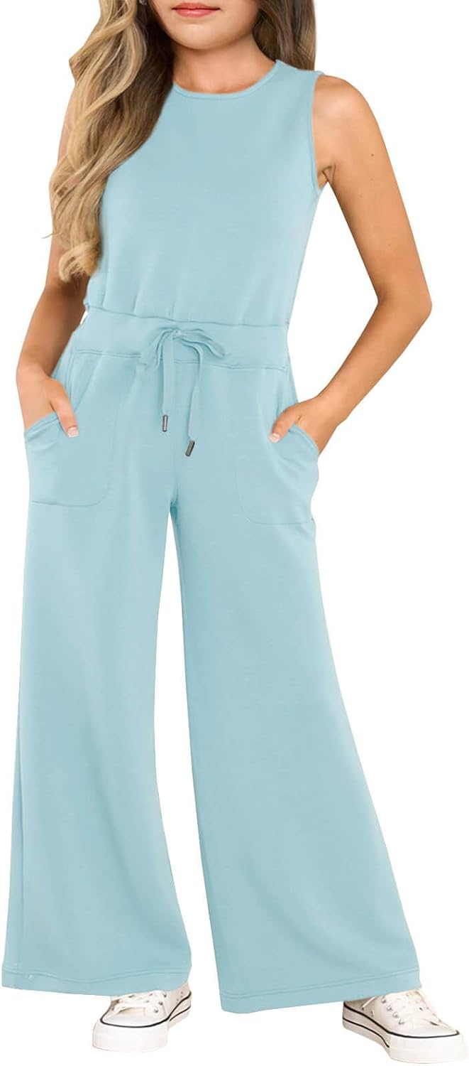 Haloumoning Girl's Jumpsuits Sleeveless Round Neck Wide Leg One Piece Rompers Li...