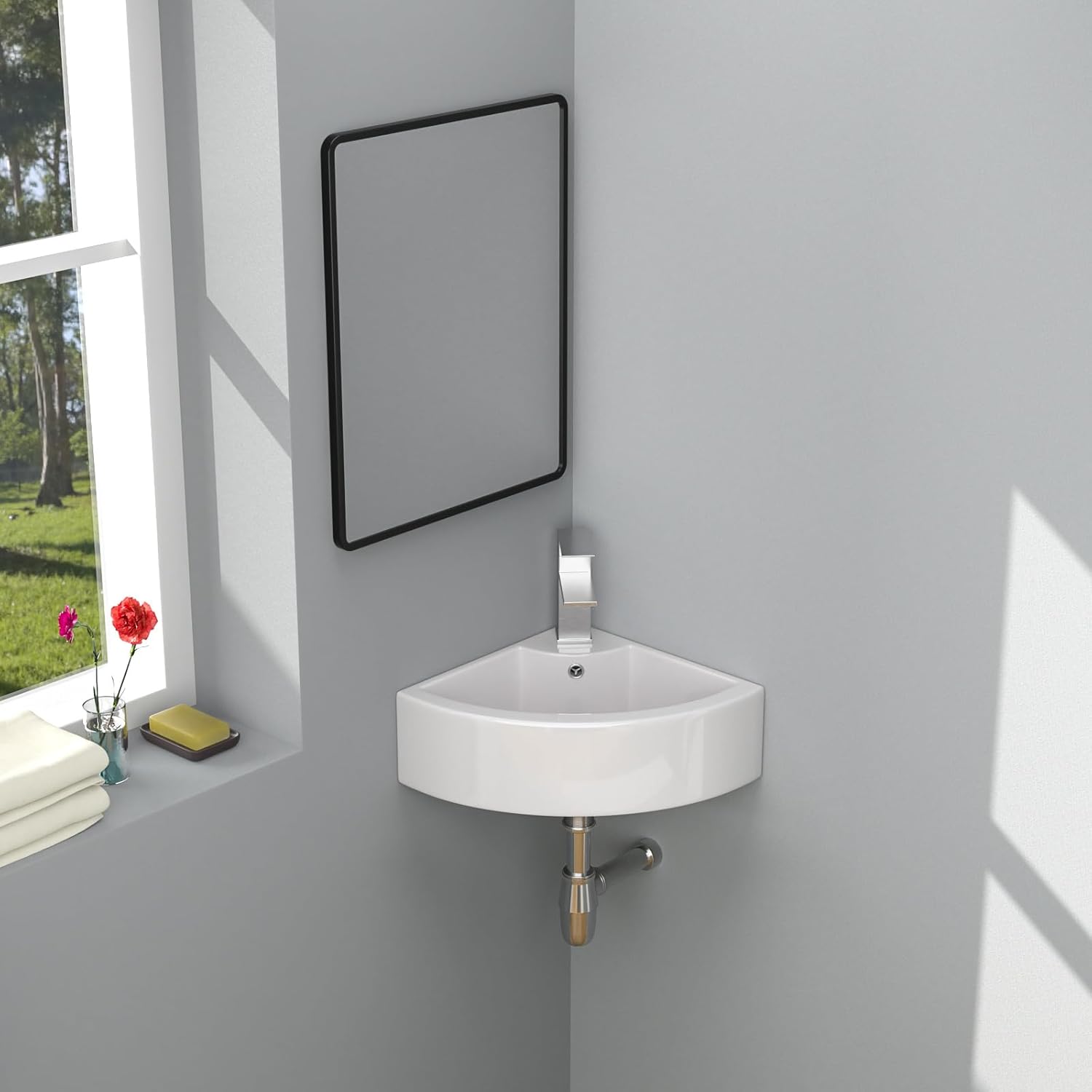 Kichae Wall Mount Hang Small Vessel Sink - 18" x 13" Bathroom Corner Sink Modern...