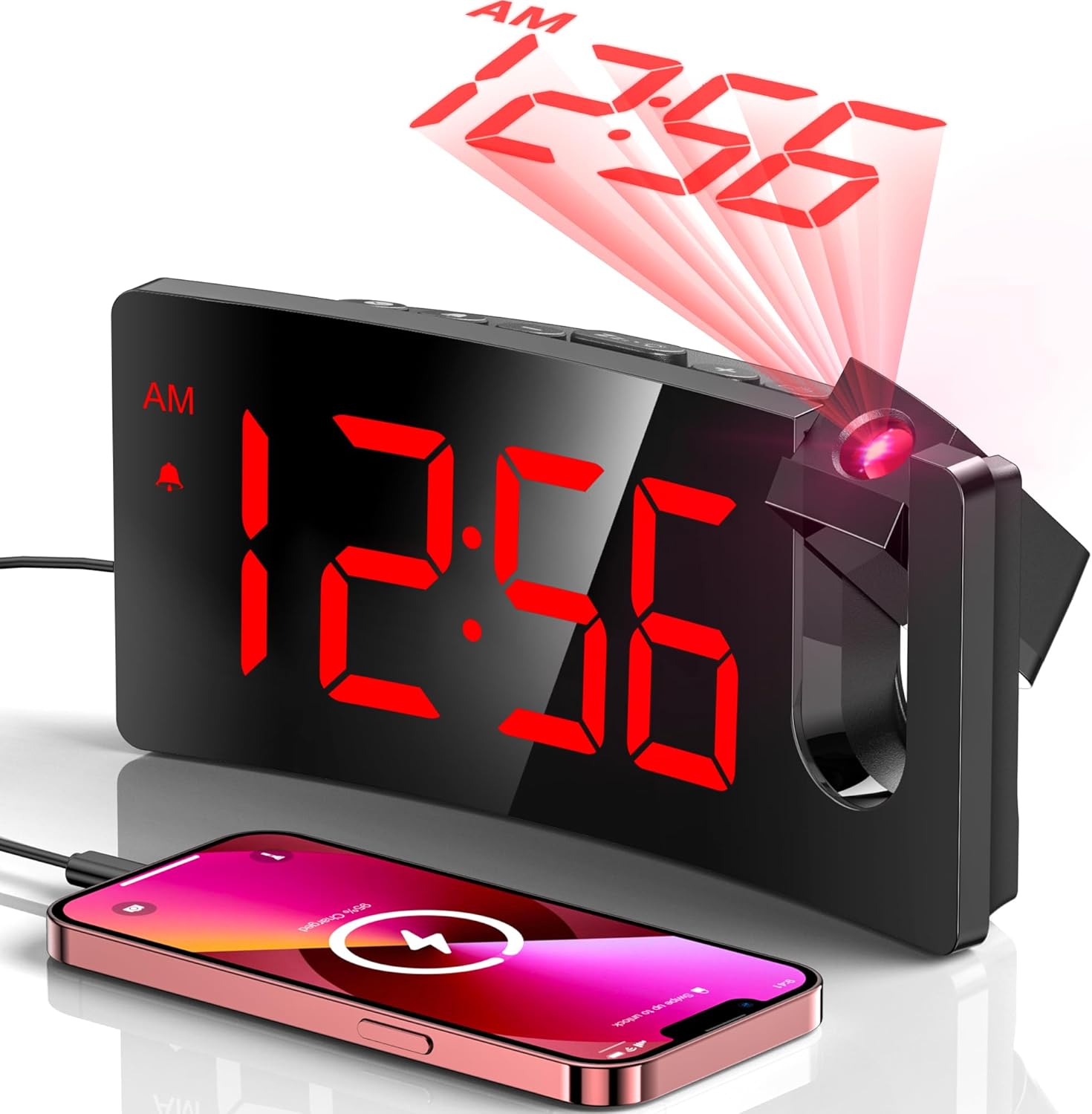 GOLOZA Projection Alarm Clocks Bedside, Digital Clock with 180° Projector, 3-Lev...