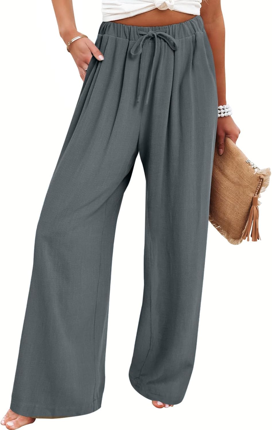 Bloggerlove Linen Palazzo Pants for Women Dressy Summer Wide Leg Flowy Pants Boh...