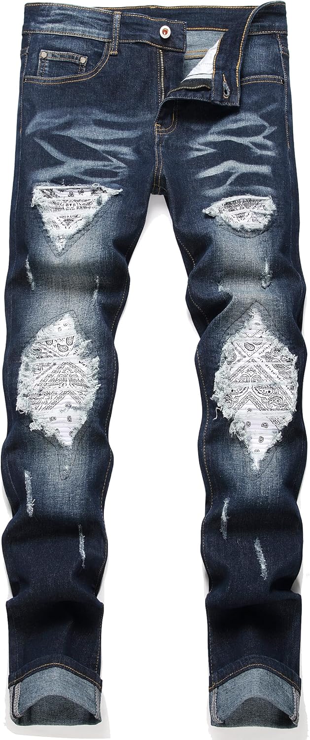 OIIIO Men's Patch Ripped Stretch Regular Fit Jean 32 6650 Blue