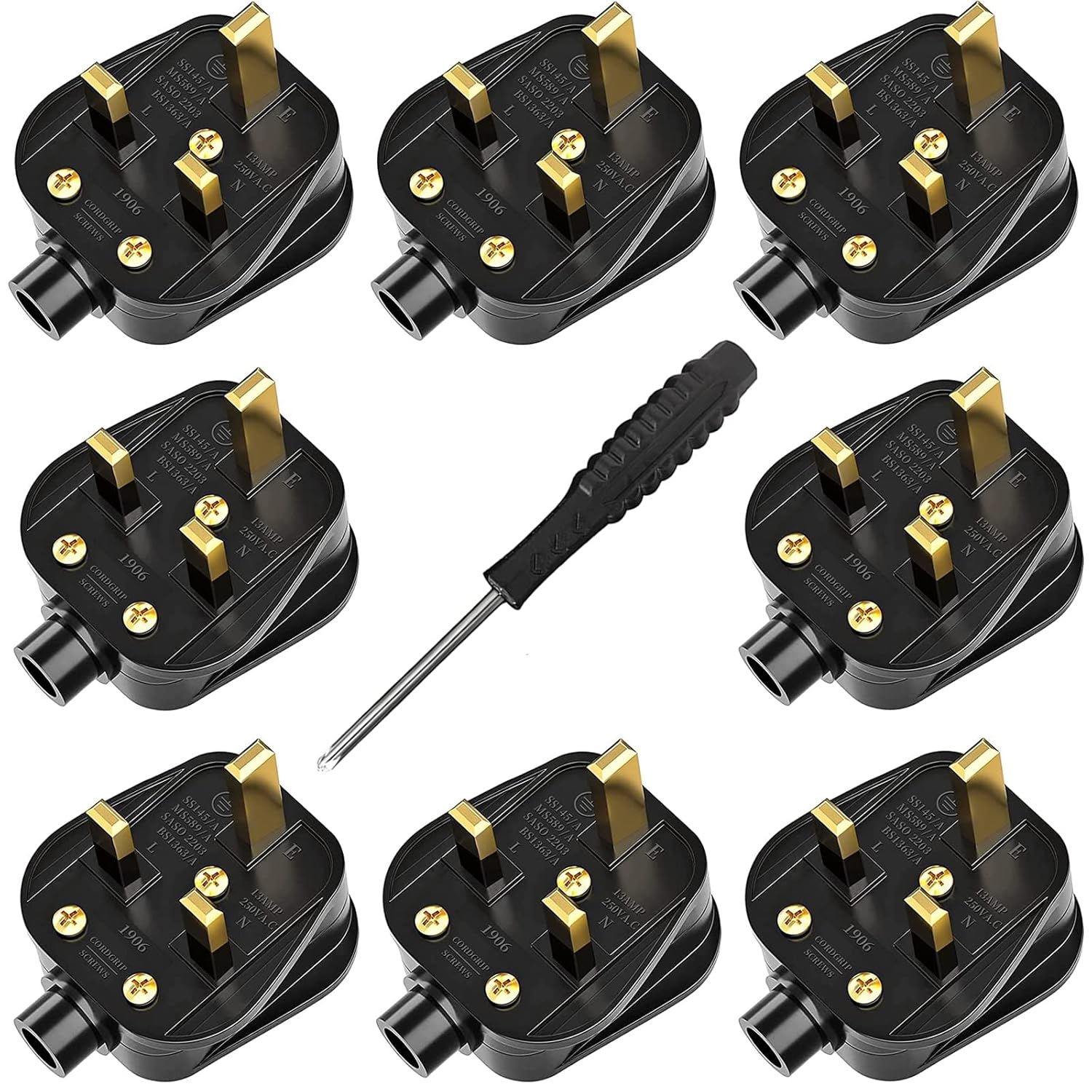 UK Plugs with 13 AMP Fused, 3 pin Mains Plug with Cord Grip Rewireable Heavy Dut...