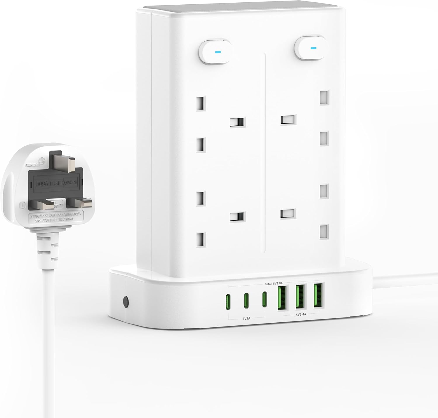 Tower Extension Lead with USB Slots, 8 Way Sockets(13A 3250W) Multi Plug Extensi...