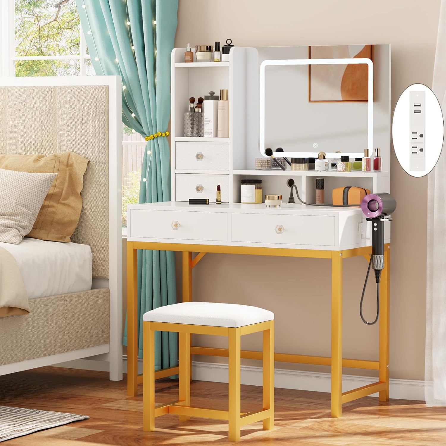 Furologee Vanity Desk with LED Lights Mirror and Power Outlets, Small Makeup Van...