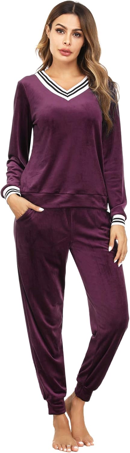 Irevial Women's Striped V Neck Velour Tracksuit Two Piece Sweatsuits Sets with P...