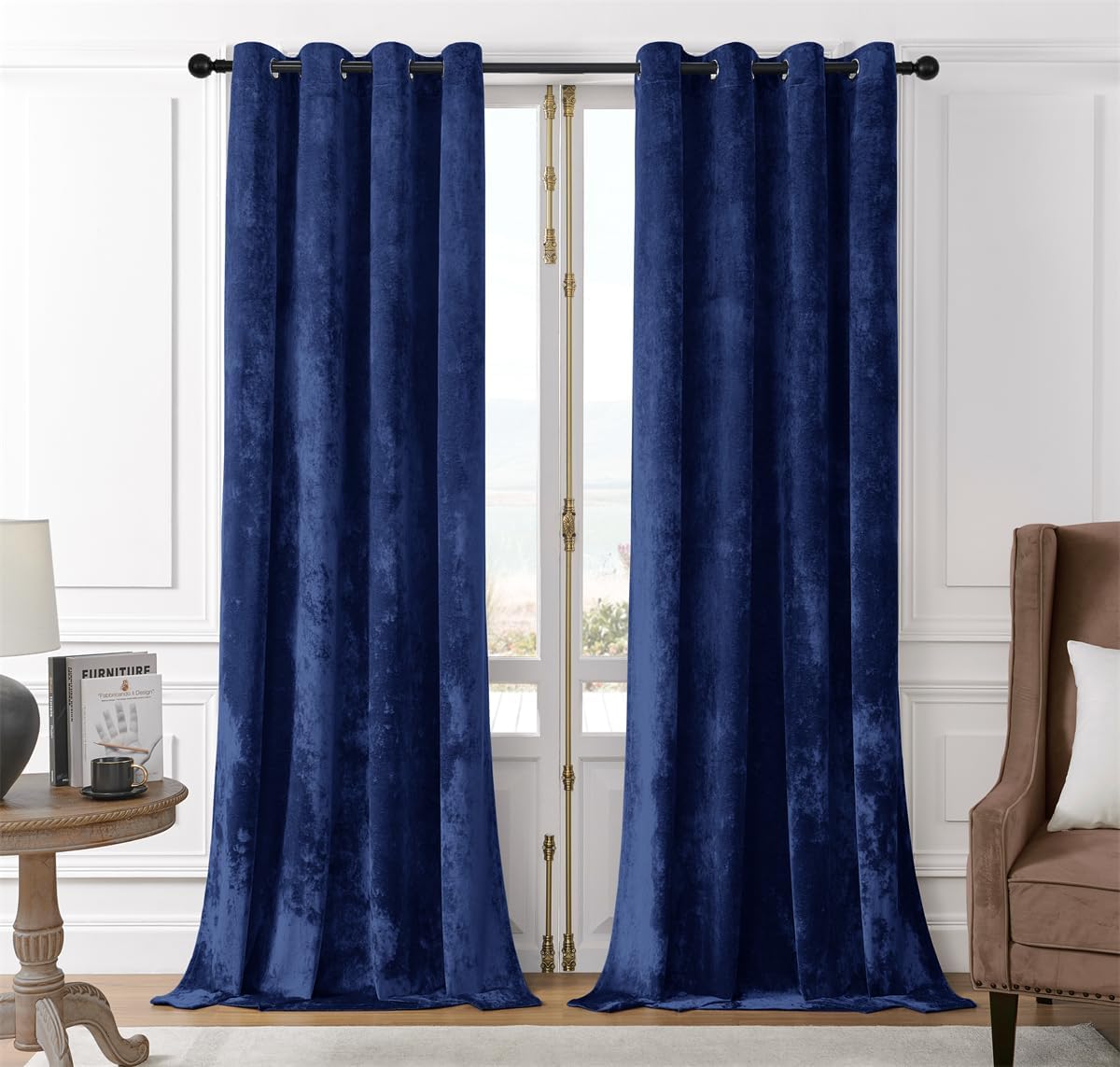 SMILETIME Navy Blue Crushed Velvet Curtains 52x108 inch Luxurious Thermal Insula...