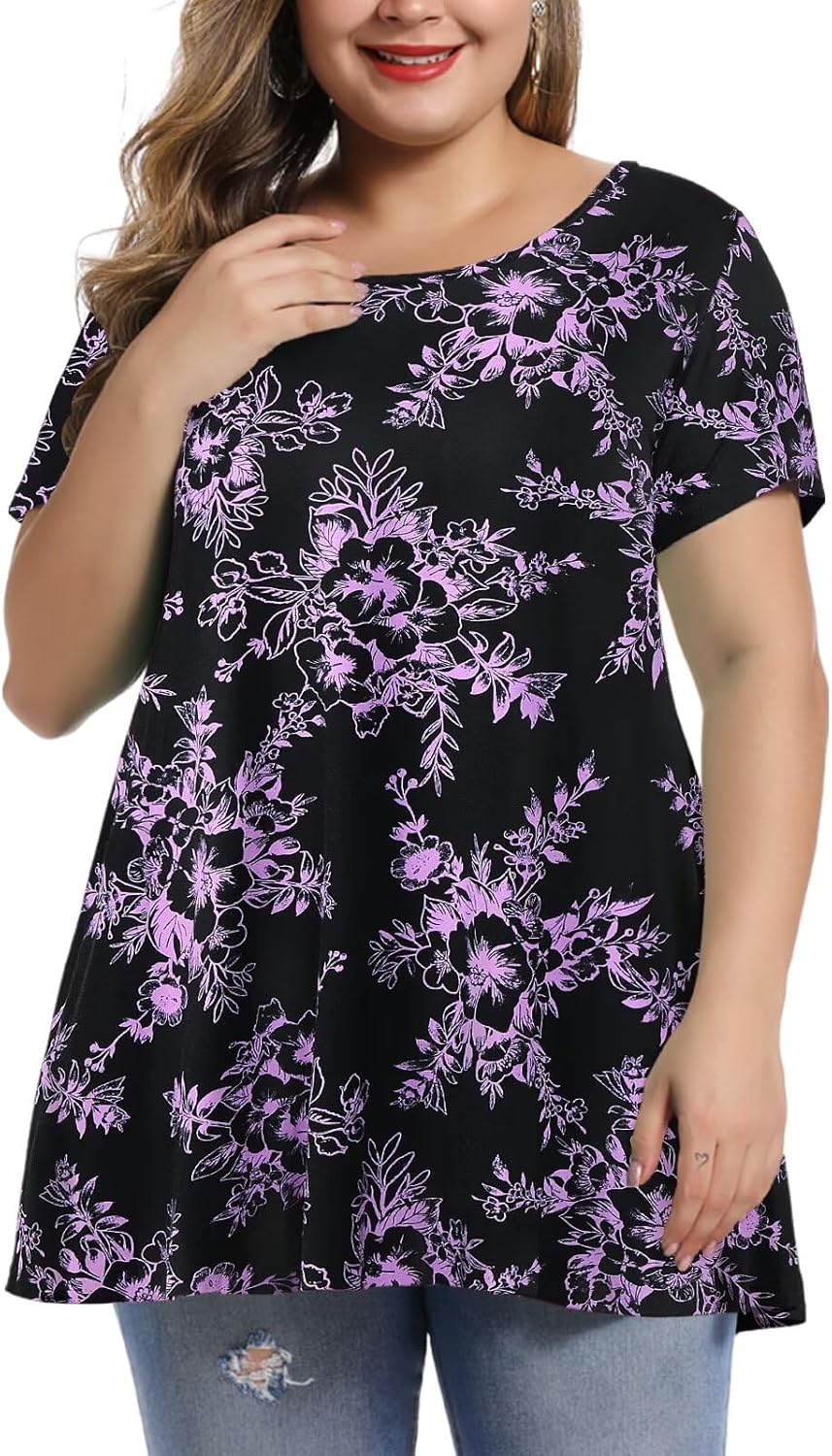 MONNURO Womens Short Sleeve Casual Loose Fit Flare Swing Tunic Tops Basic T-Shir...