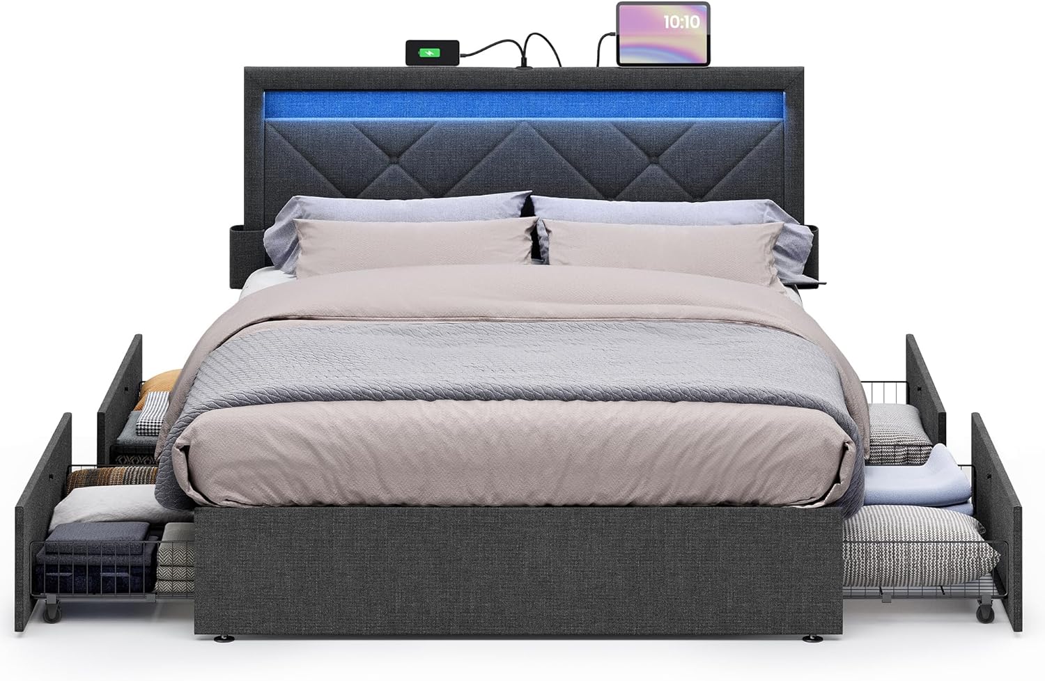 VASAGLE LED Bed Frame Full Size, 37.1/39.6 Inches, with Headboard and 4 Drawers,...