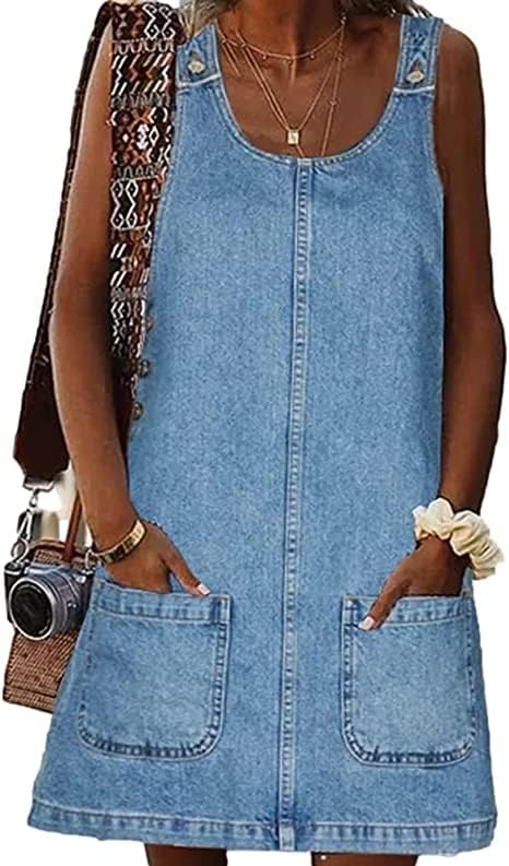 BZB Women's Sleeveless Casual Denim Dress Crewneck Vintage Overall Mini Dress wi...