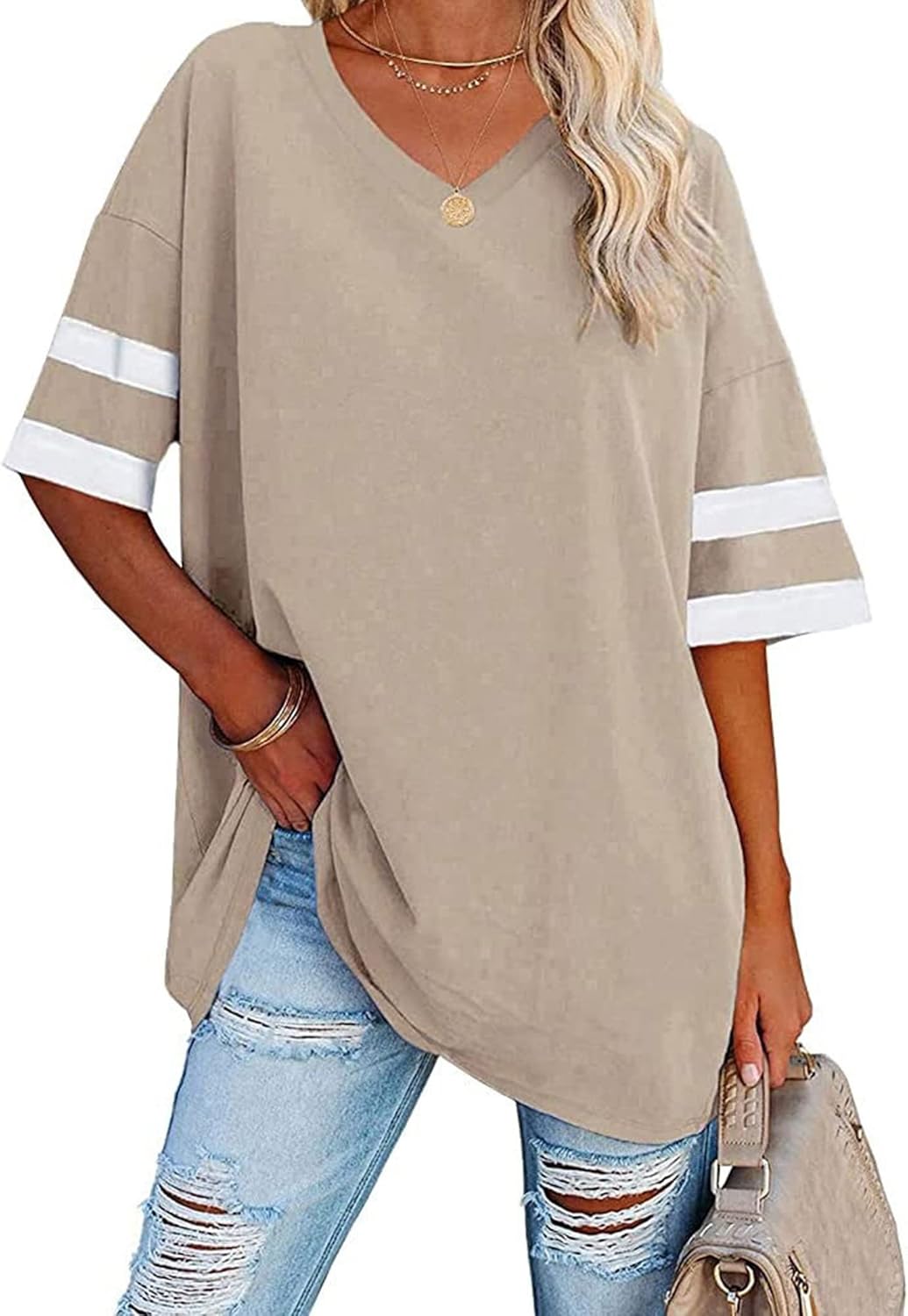 Famulily Women's Casual Half Sleeve V Neck T Shirt Ladies Comfy Oversized Baseba...