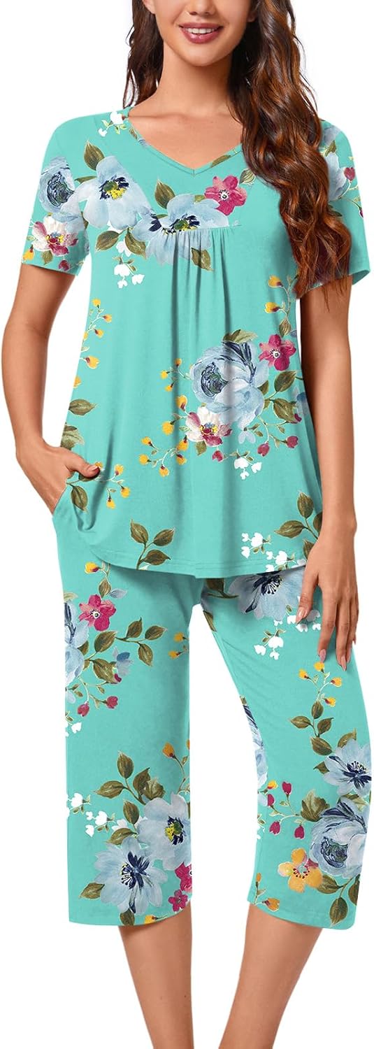Aodemo Womens Summer Pajama Sets Pleated Sleepwear Ladies Short Sleeve Nightwear...