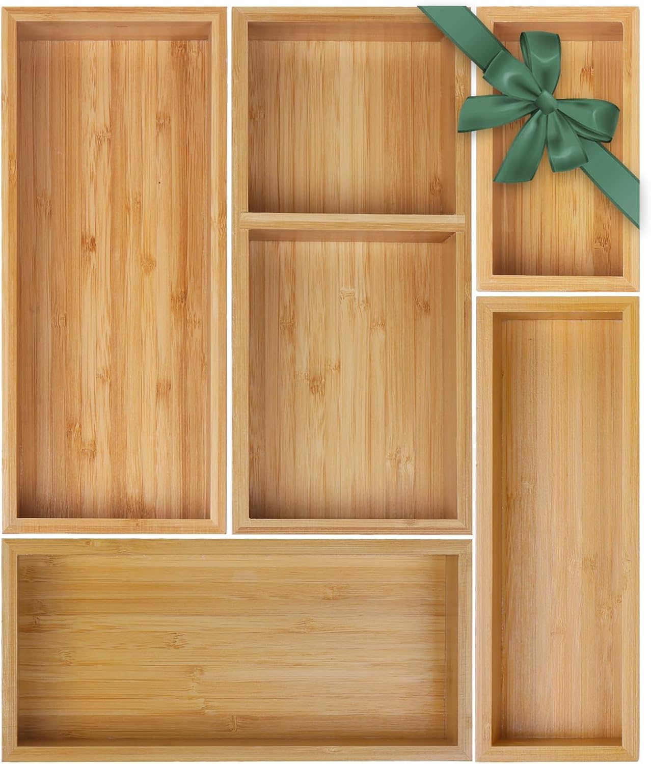 Bamboo Drawer Organizer Set, 5 PCS Multi-Use Individual Wood Storage Organizers,...