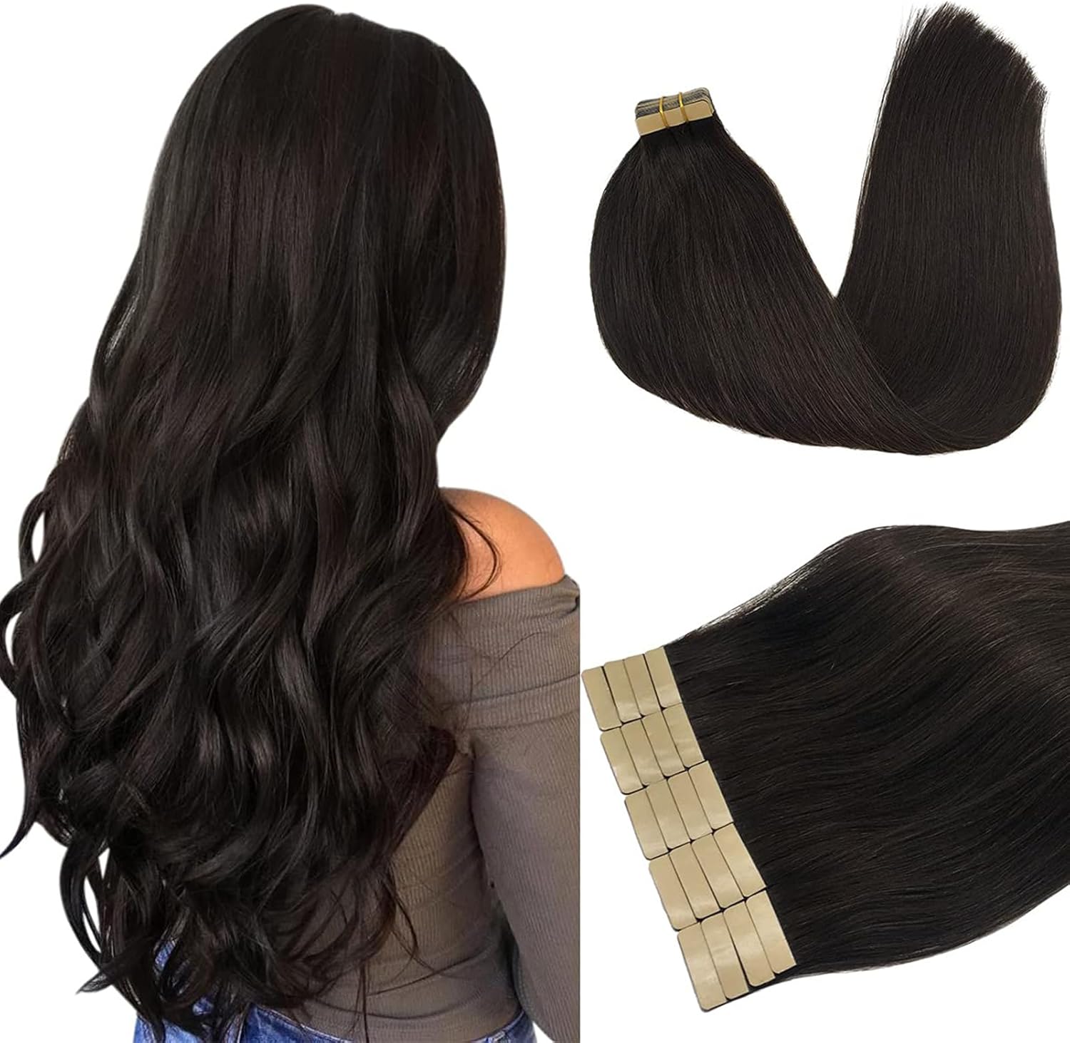 DOORES Dark Brown Remy Tape in Human Hair Straight Skin Weft Natural Hair Extens...