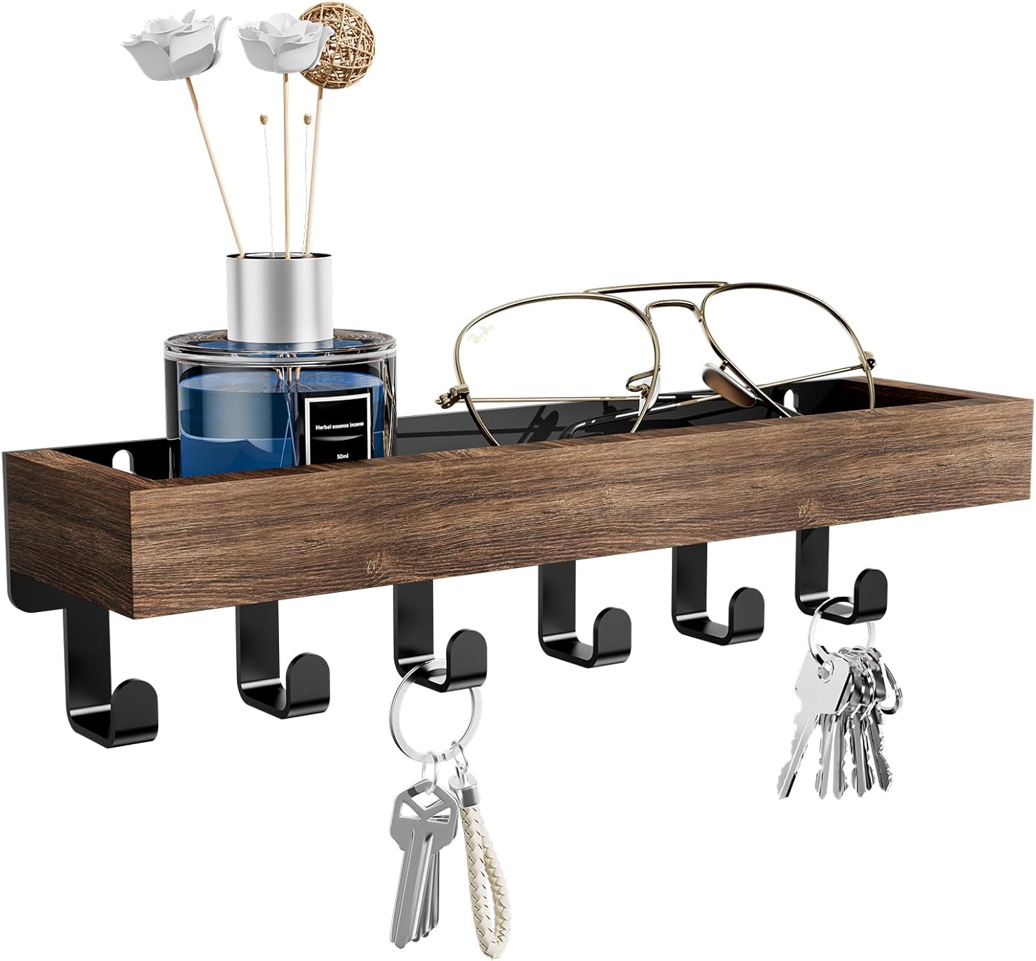 SWTYMIKI Key Holder with Wood Tray and 6 Hooks, Wall Mounted Key Racks, Key Hang...