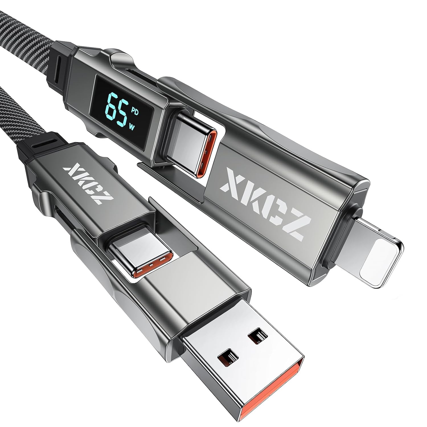 4 in 1 USB C Cable with Wattage Display, 65W Flat Nylon Braided Multi Charge Cab...