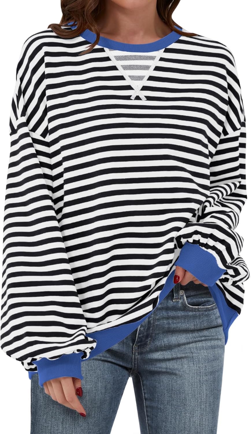 ANRABESS Women Striped Oversized Sweatshirt Long Sleeve Crewneck Shirts 2025 Fal...