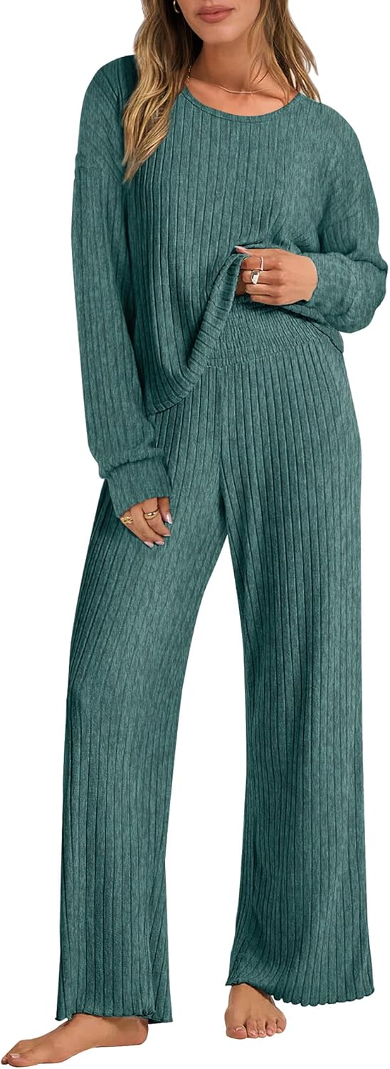 ANRABESS Women 2 Piece Lounge Pajamas Sets Casual Ribbed Knit Long Sleeve Top Pa...