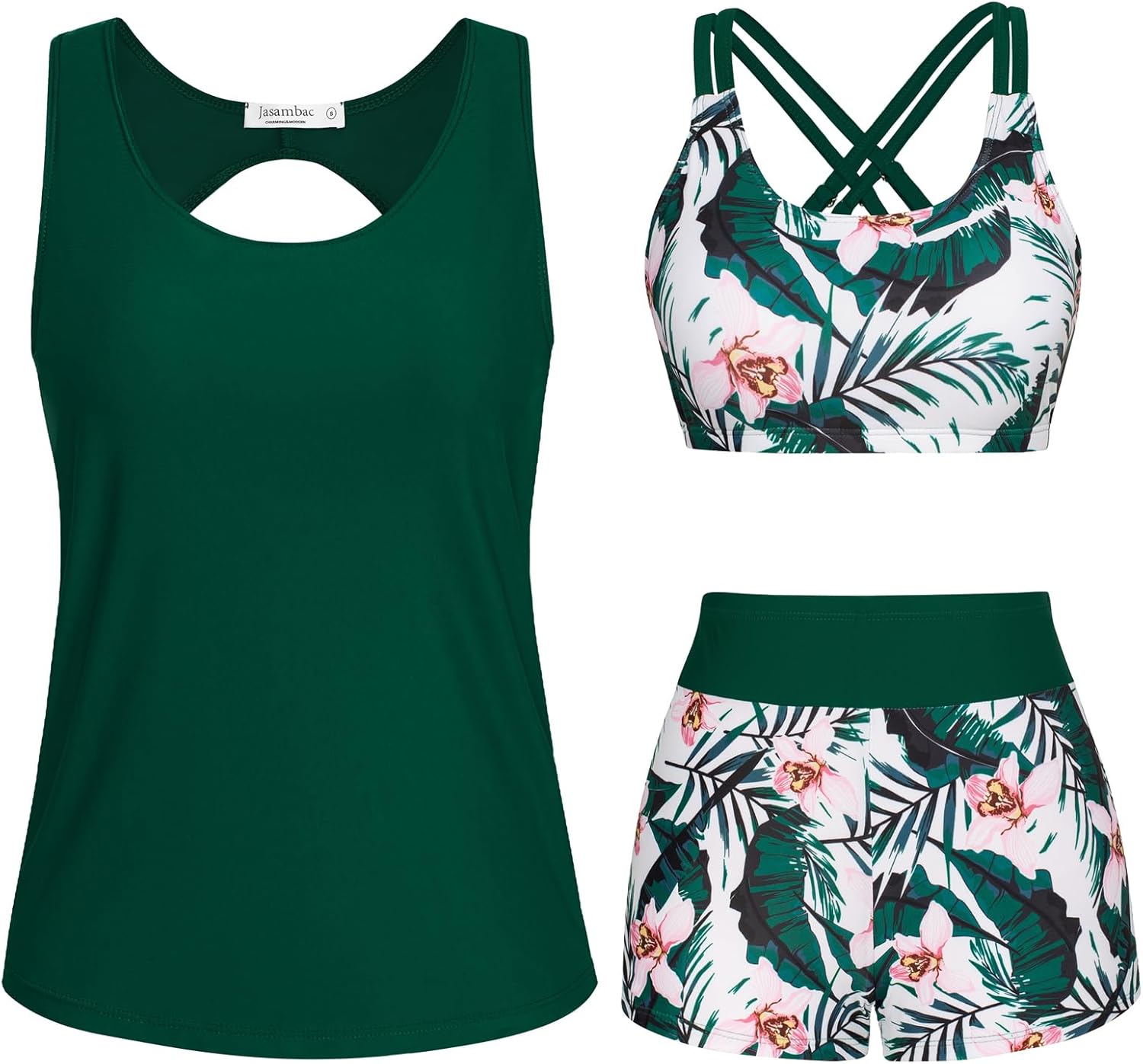 JASAMBAC 3 Piece Tankini Swimsuit for Women Swimwear Tank Top with Bikini Top Bo...