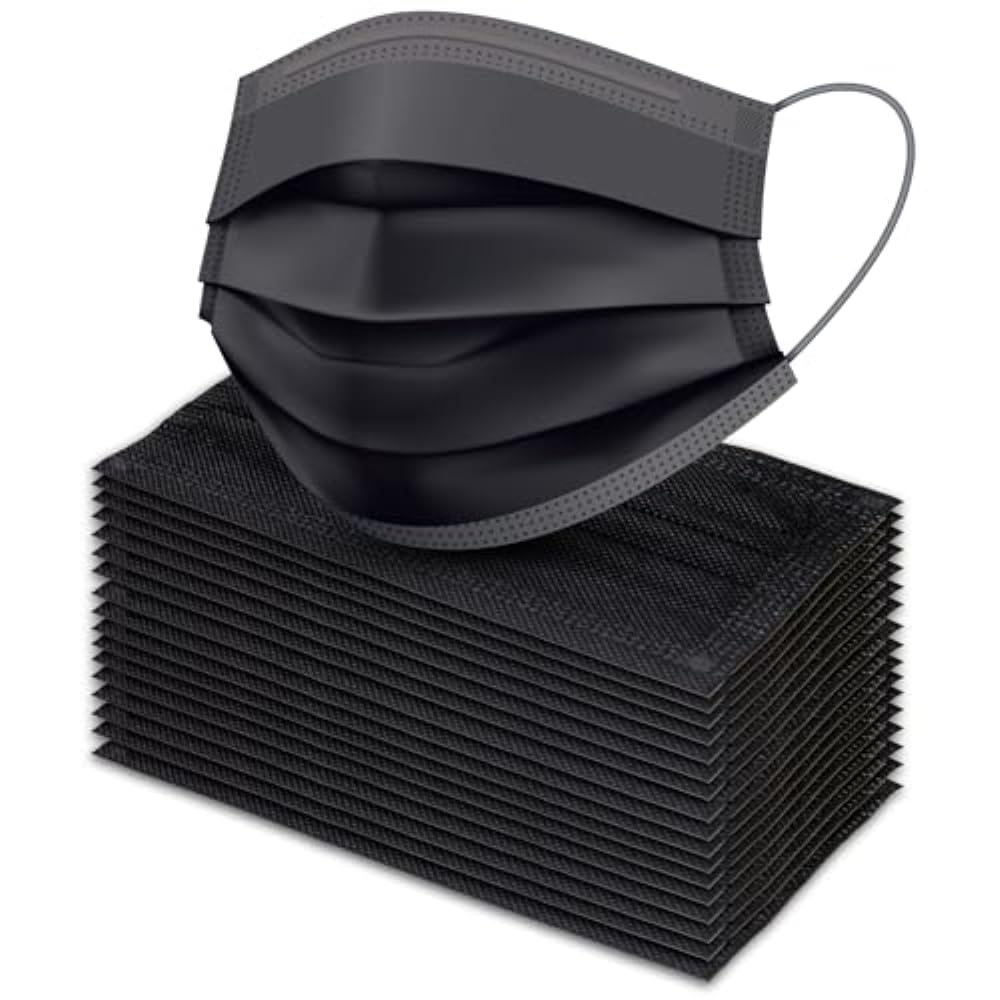 [Pack Of 100] Black Disposable Face Mask, 3-Ply Adult Masks, Facial Cover with E...