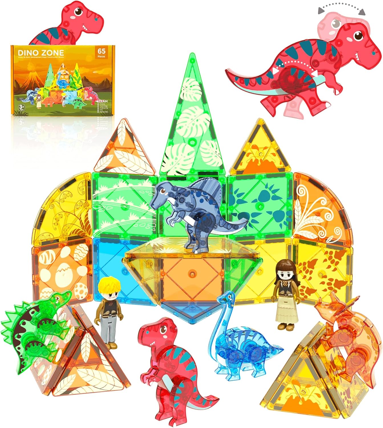 Asago Magnetic Tiles Toys Dinosaur Theme, Dino Magnet Building Blocks 3D Constru...