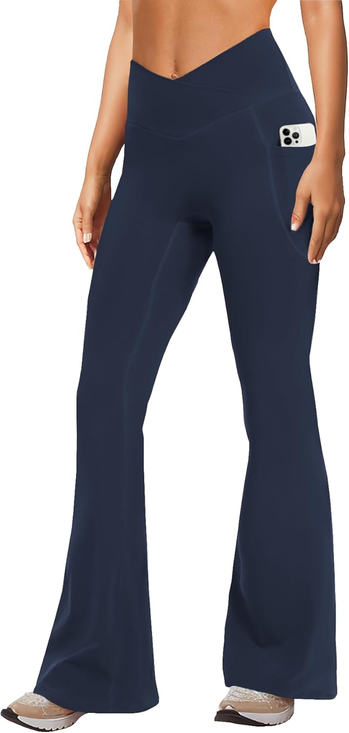 Women's Yoga Pants with Pockets No Front Seam Crossover High Waisted Flare Leggi...