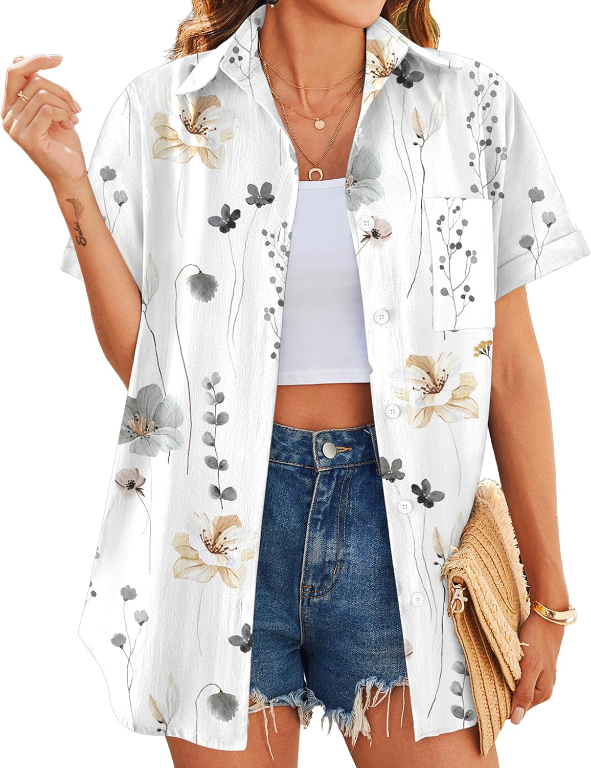 HOTOUCH Hawaiian Shirts for Women Summer Cool Hawaii Floral Tropic Print Blouses...