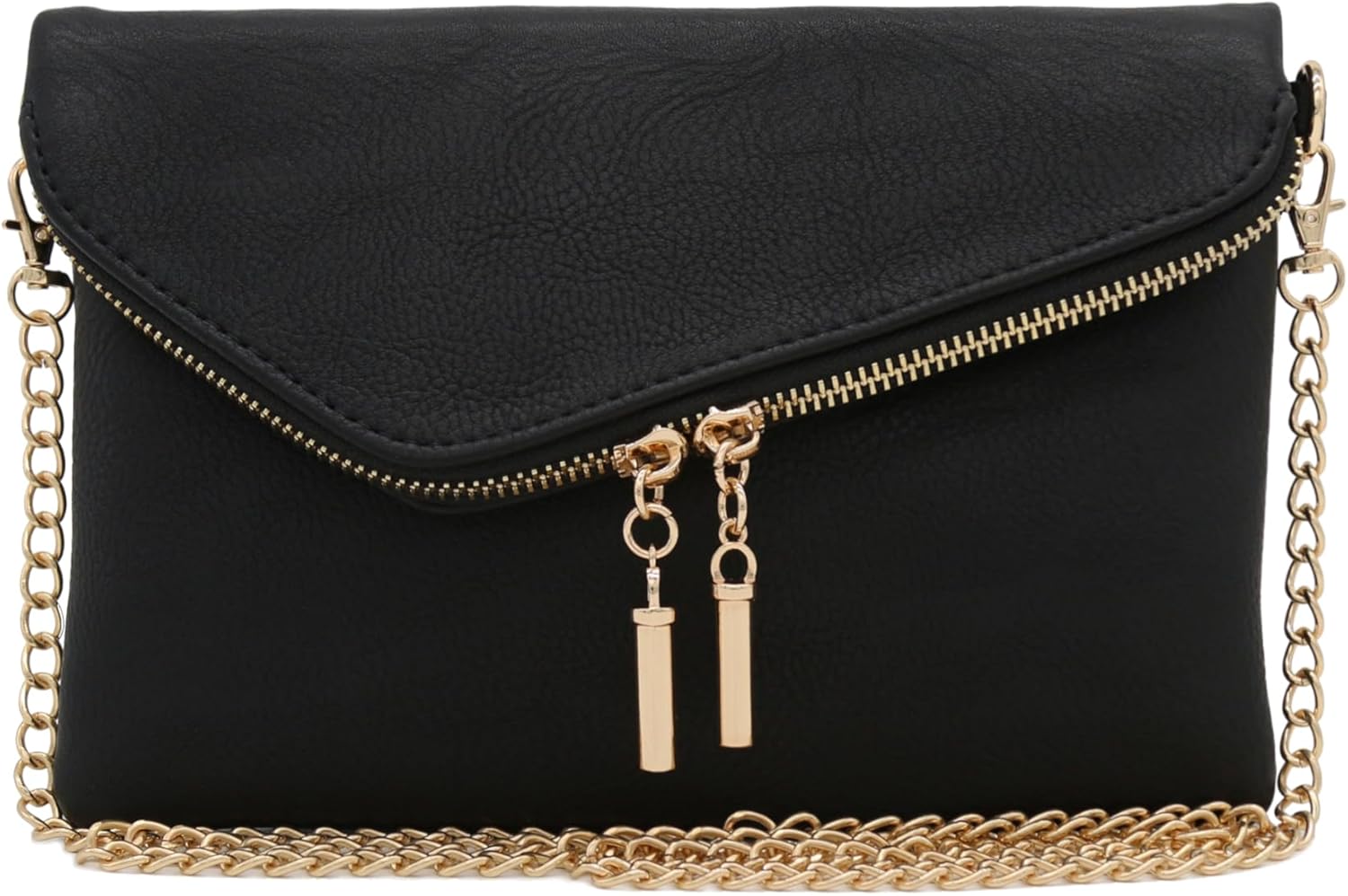 FashionPuzzle Envelope Wristlet Clutch Crossbody Bag with Chain Strap Black