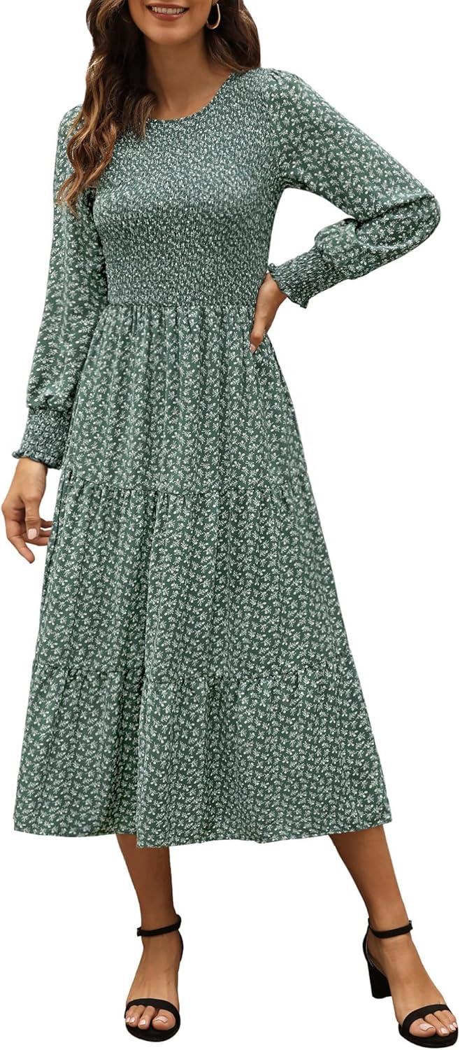 Zattcas Womens Fall Dresses 2025 Casual Long Sleeve Smocked Boho Floral Tiered M...