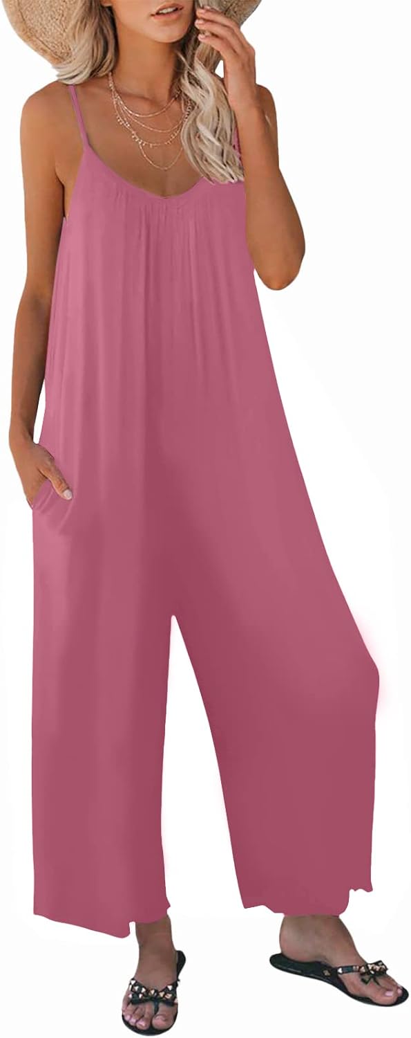 Womens Casual Sleeveless Strap Loose Adjustable Jumpsuits Stretchy Long Pants Ro...
